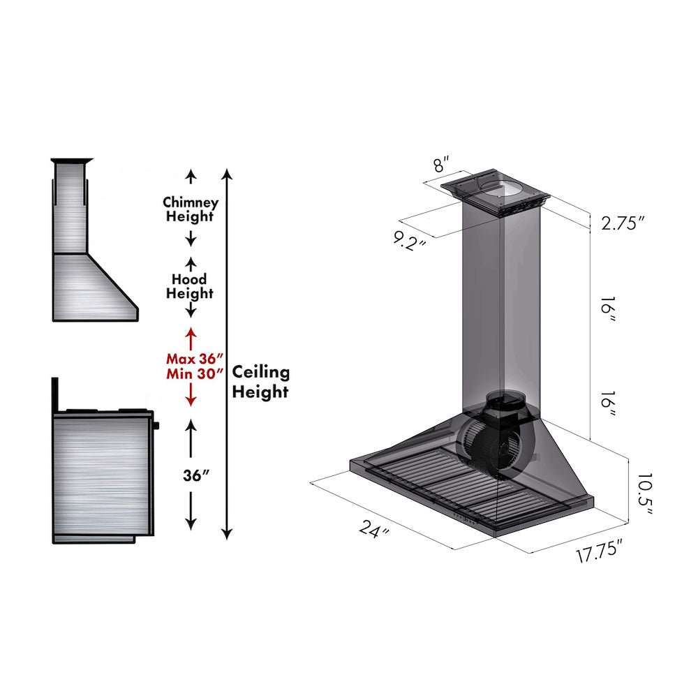 24 In. Convertible Vent Wall Mount Range Hood In Stainless Steel With Crown Molding KBCRN24