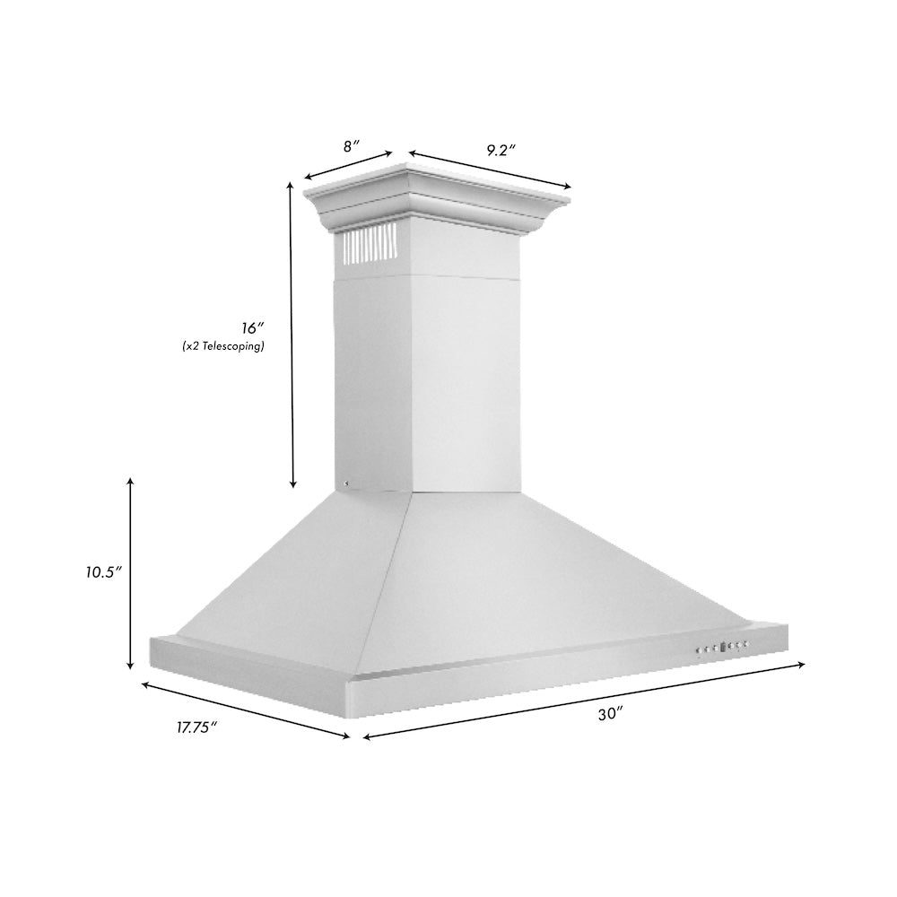 30 In. Convertible Vent Wall Mount Range Hood In Stainless Steel With Crown Molding KBCRN30