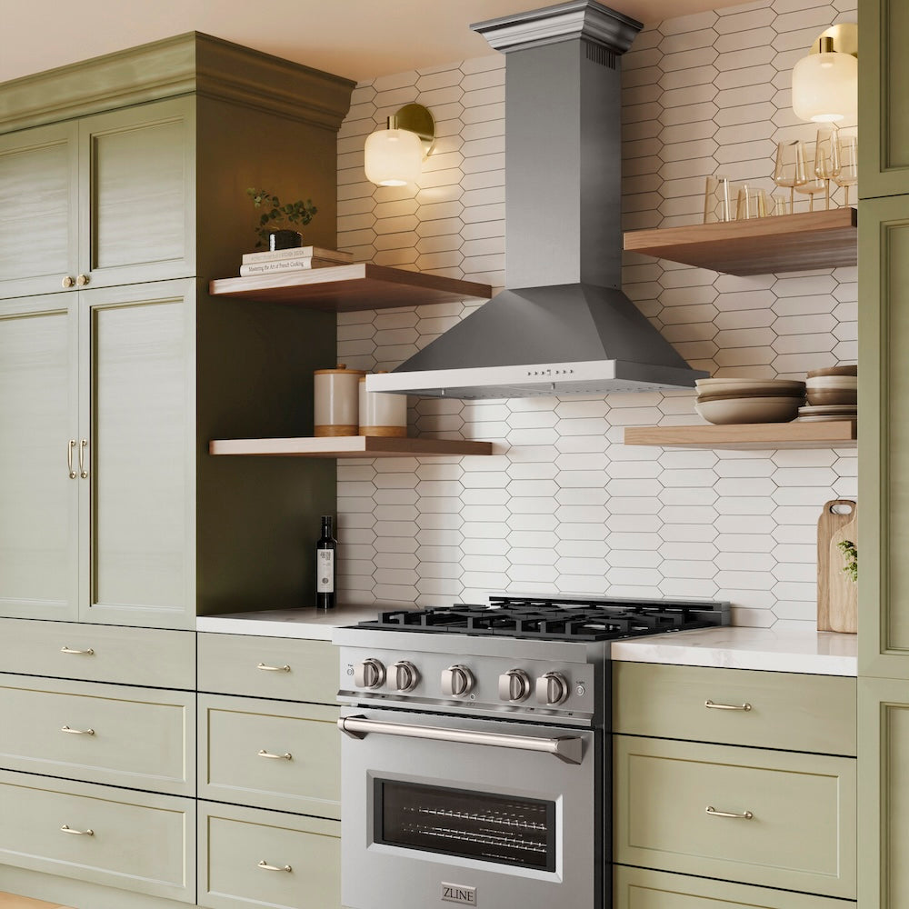 30 In. Convertible Vent Wall Mount Range Hood In Stainless Steel With Crown Molding KBCRN30