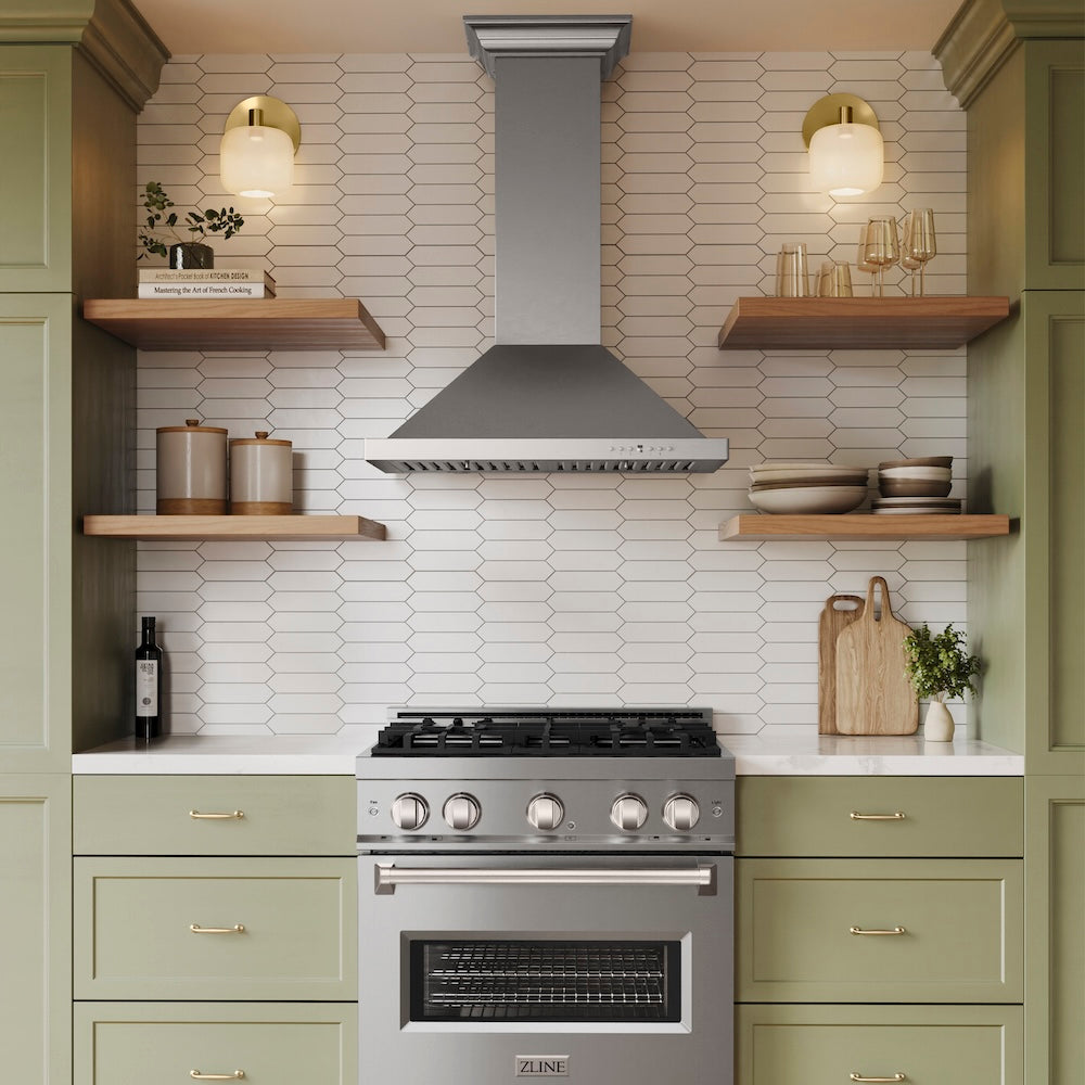 30 In. Convertible Vent Wall Mount Range Hood In Stainless Steel With Crown Molding KBCRN30