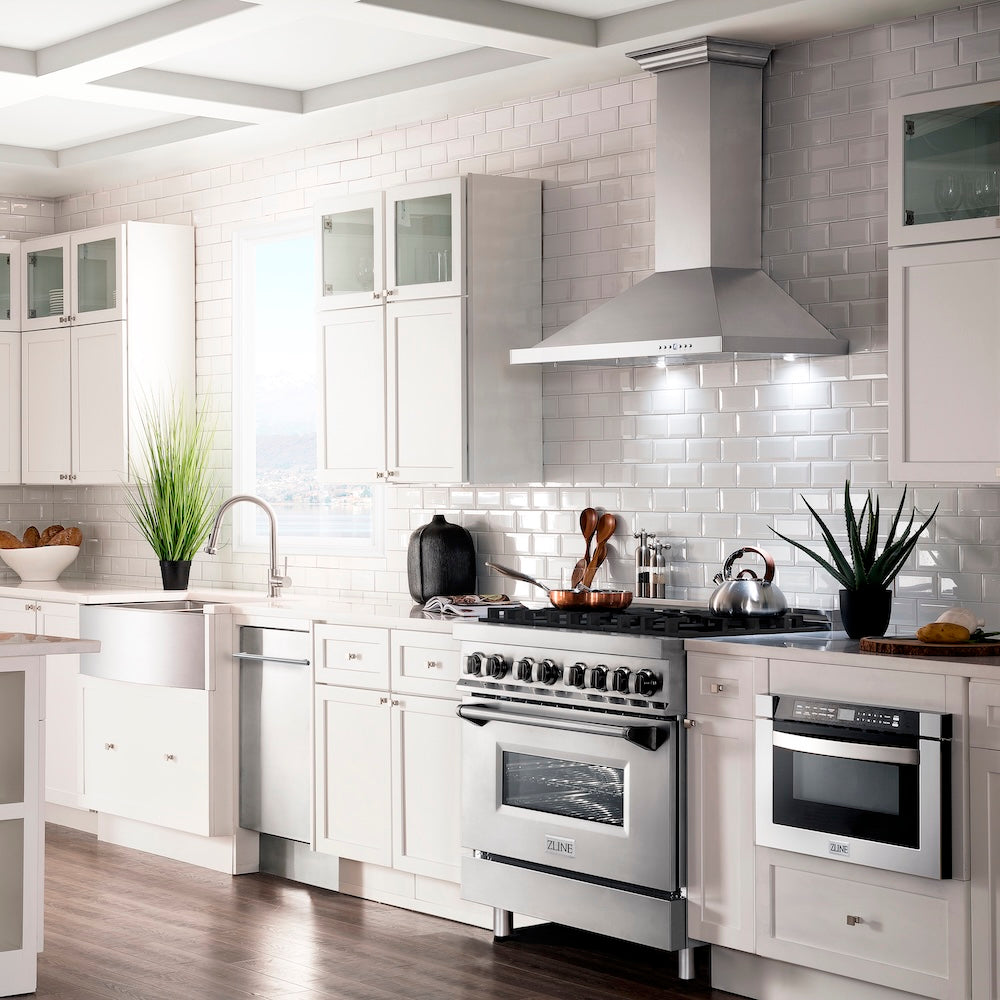 36 In. Convertible Vent Wall Mount Range Hood In Stainless Steel With Crown Molding KBCRN36