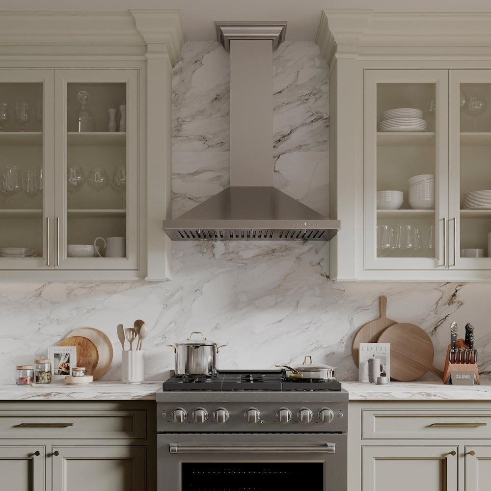 36 In. Convertible Vent Wall Mount Range Hood In Stainless Steel With Crown Molding KBCRN36