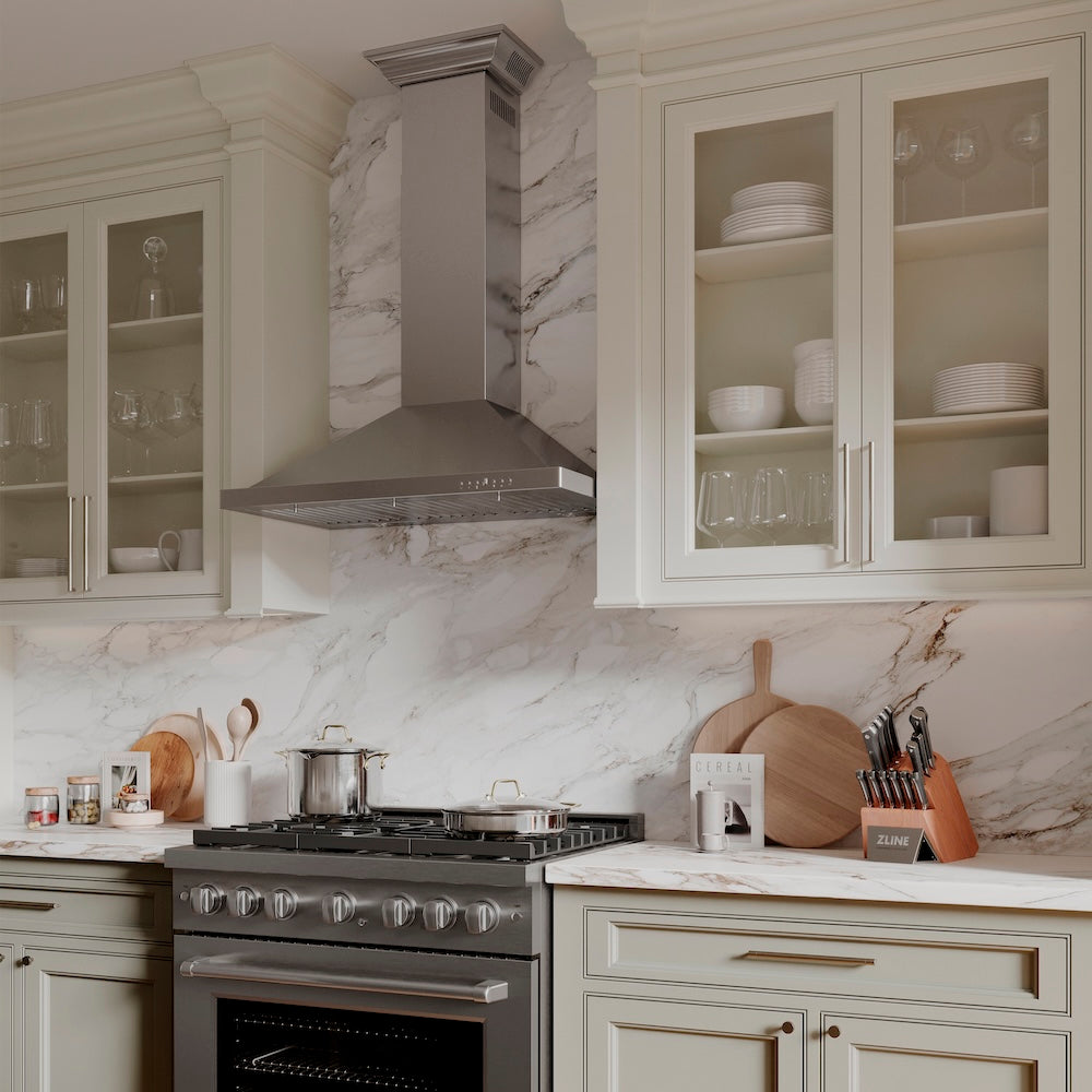 36 In. Convertible Vent Wall Mount Range Hood In Stainless Steel With Crown Molding KBCRN36