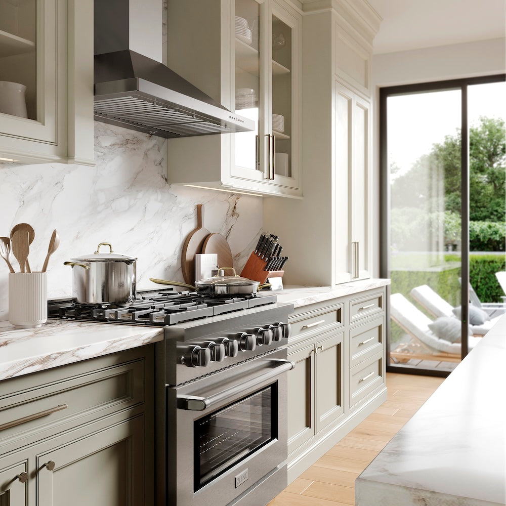 36 In. Convertible Vent Wall Mount Range Hood In Stainless Steel With Crown Molding KBCRN36
