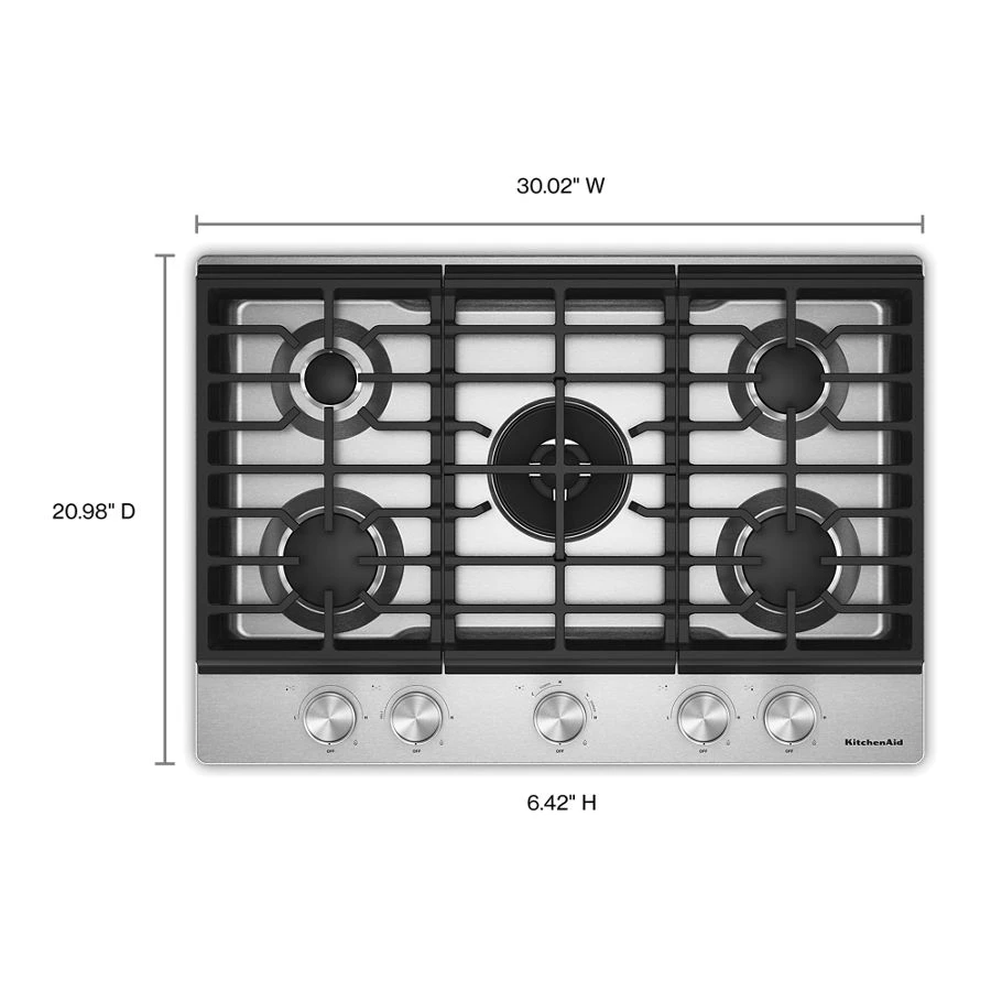 Kitchenaid® 30 In. Gas Cooktop With 5 Burners And Integrated Wok Grate KCGK530SSS