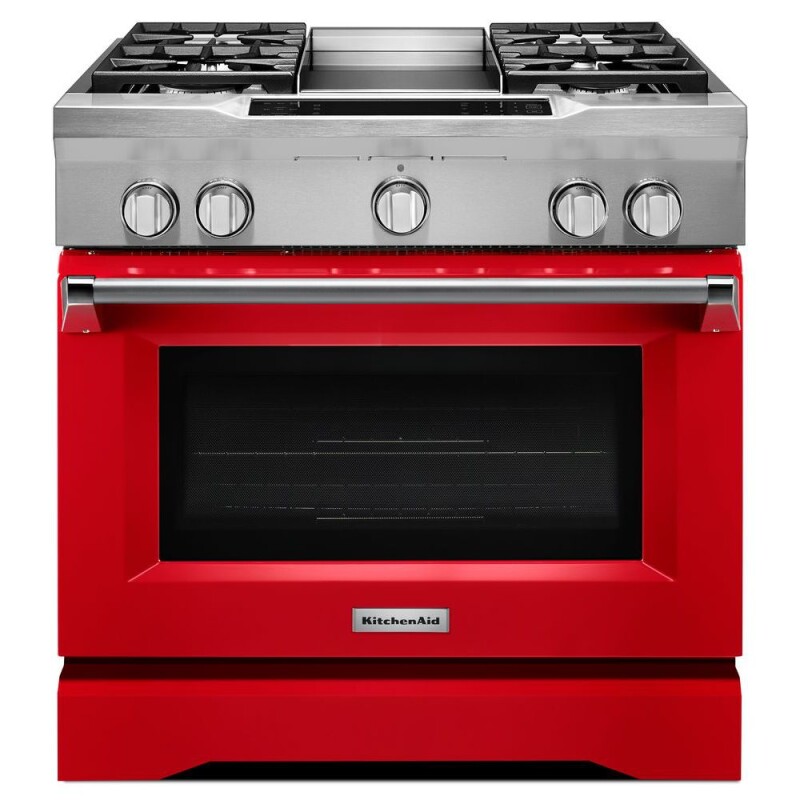 KitchenAid 36'' 4-Burner with Griddle, Dual Fuel Freestanding Range, Commercial-Style Signature Red KDRS463VSD Picture 1