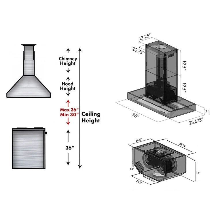 36 in. Ducted Professional Island Mount Range Hood KECOMI36