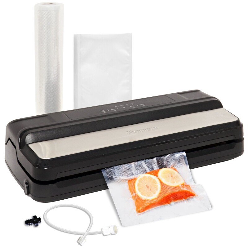 Kenmore Vacuum Sealer Machine, One-Touch Automatic Food Sealer, 7 Preset Modes (Dry/Moist, Normal/Gentle, Pulse, Seal, Canister), Bottle Stopper, 16 Ft Bag Roll & 10 Bags, Black & Stainless Steel Black, Silver KKFSDC Picture 1