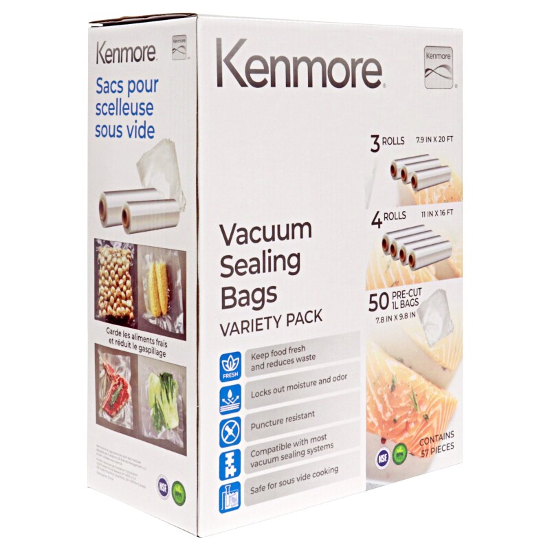 Kenmore Vacuum Sealer Bag & Roll Variety Pack 57 PC (50 Qt 8" x 10", 3 Rolls 8" x 20', 4 Rolls 11" x 16'), Heat-Seal Textured Bags For Nesco, FoodSaver, NutriChef & More, BPA Free Meal Prep Sous-Vide Clear KKVSB57 Picture 1