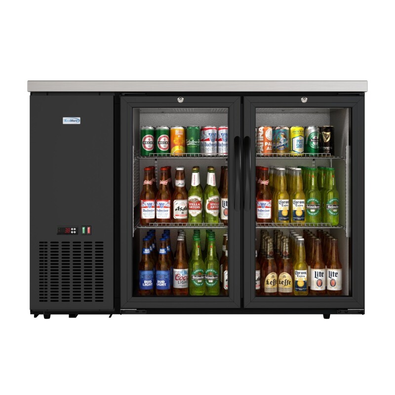 47 in. Commercial Two Glass Door Back Bar Cooler Refrigerator with Side Condenser and Compressor, LED Lighting, 11 Cu. Ft Capacity in Black KMBC2GDSCBK