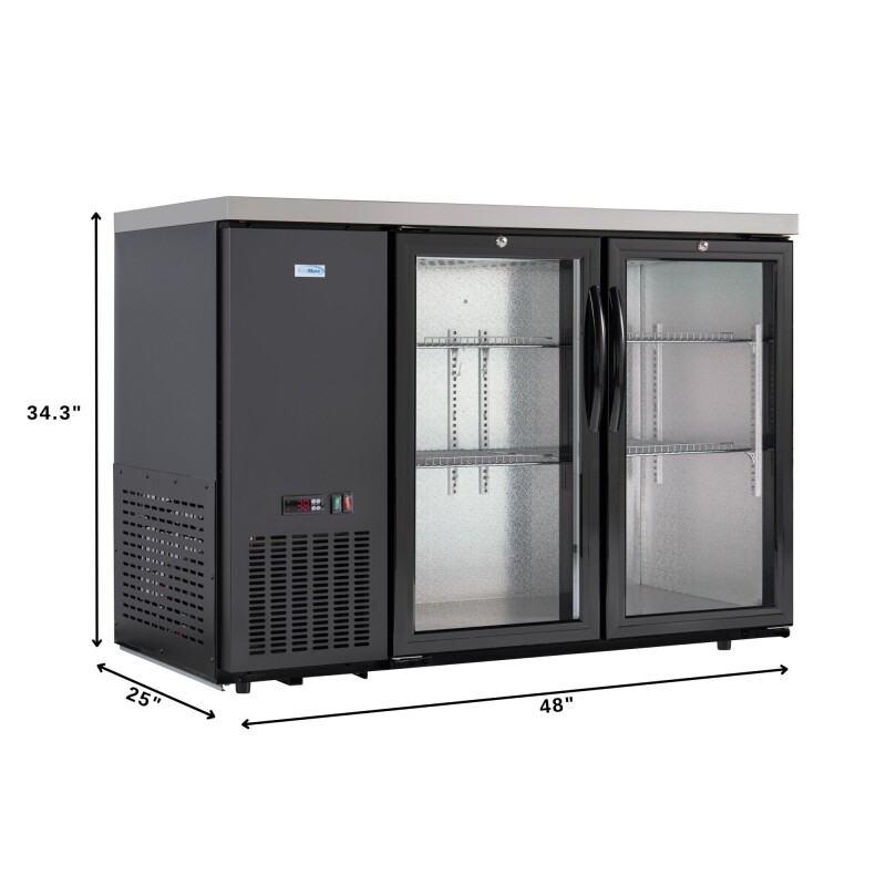 47 in. Commercial Two Glass Door Back Bar Cooler Refrigerator with Side Condenser and Compressor, LED Lighting, 11 Cu. Ft Capacity in Black KMBC2GDSCBK