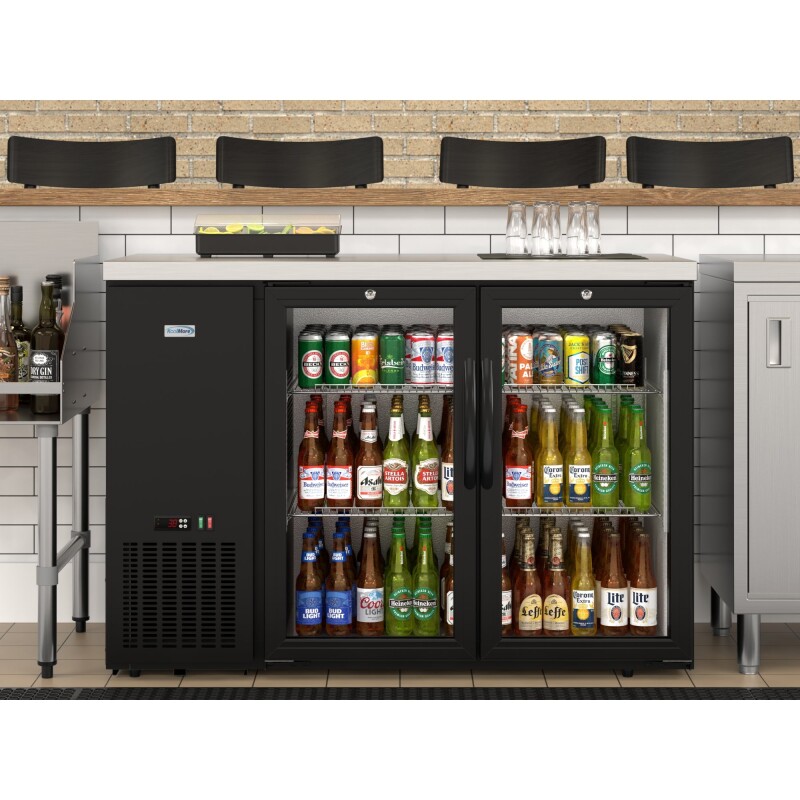 47 in. Commercial Two Glass Door Back Bar Cooler Refrigerator with Side Condenser and Compressor, LED Lighting, 11 Cu. Ft Capacity in Black KMBC2GDSCBK