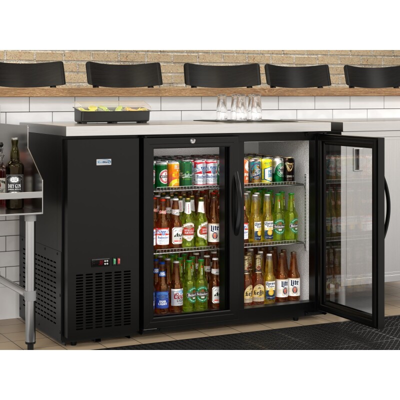 47 in. Commercial Two Glass Door Back Bar Cooler Refrigerator with Side Condenser and Compressor, LED Lighting, 11 Cu. Ft Capacity in Black KMBC2GDSCBK