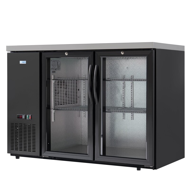 47 in. Commercial Two Glass Door Back Bar Cooler Refrigerator with Side Condenser and Compressor, LED Lighting, 11 Cu. Ft Capacity in Black KMBC2GDSCBK