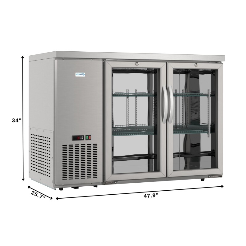 47 in. Commercial Two Glass Door Back Bar Cooler Refrigerator with Side Condenser and Compressor, LED Lighting, 11 Cu. Ft Capacity in Stainless-Steel KMBC2GDSCSS