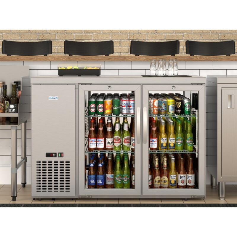 47 in. Commercial Two Glass Door Back Bar Cooler Refrigerator with Side Condenser and Compressor, LED Lighting, 11 Cu. Ft Capacity in Stainless-Steel KMBC2GDSCSS