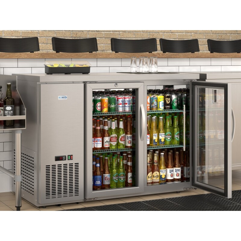47 in. Commercial Two Glass Door Back Bar Cooler Refrigerator with Side Condenser and Compressor, LED Lighting, 11 Cu. Ft Capacity in Stainless-Steel KMBC2GDSCSS