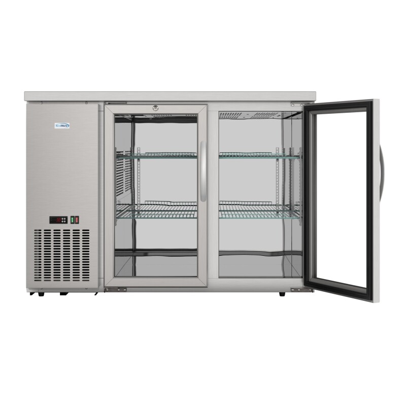 47 in. Commercial Two Glass Door Back Bar Cooler Refrigerator with Side Condenser and Compressor, LED Lighting, 11 Cu. Ft Capacity in Stainless-Steel KMBC2GDSCSS