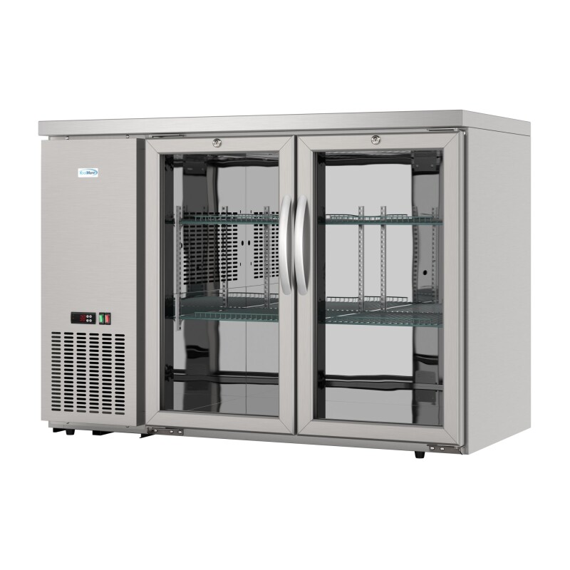47 in. Commercial Two Glass Door Back Bar Cooler Refrigerator with Side Condenser and Compressor, LED Lighting, 11 Cu. Ft Capacity in Stainless-Steel KMBC2GDSCSS