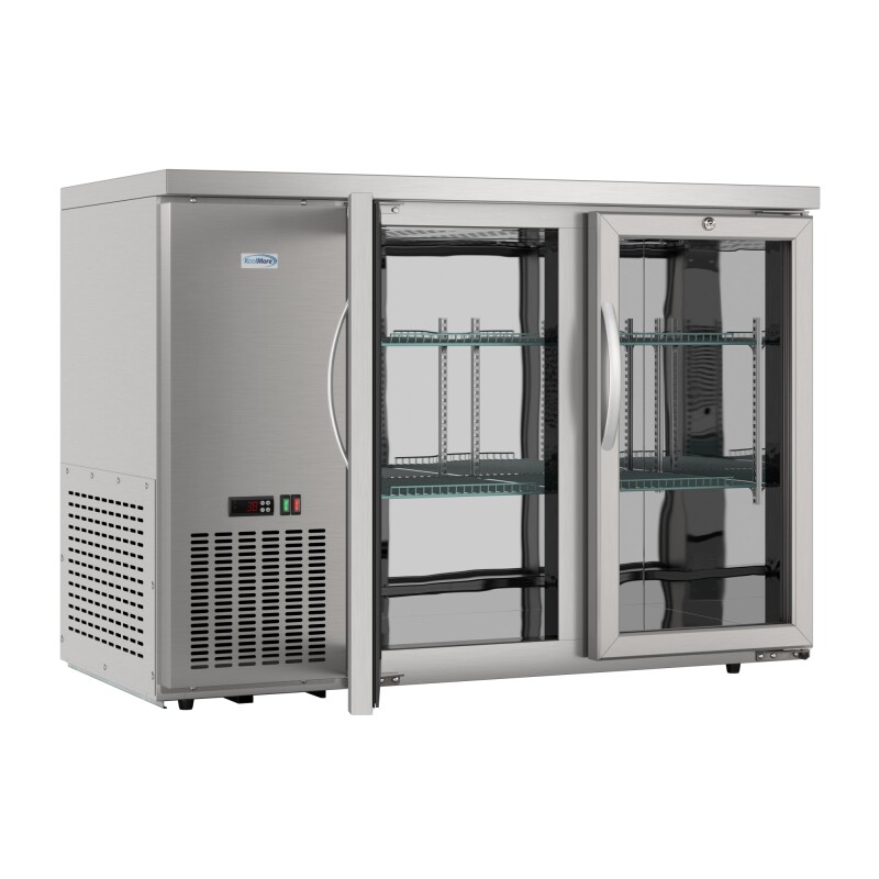 47 in. Commercial Two Glass Door Back Bar Cooler Refrigerator with Side Condenser and Compressor, LED Lighting, 11 Cu. Ft Capacity in Stainless-Steel KMBC2GDSCSS