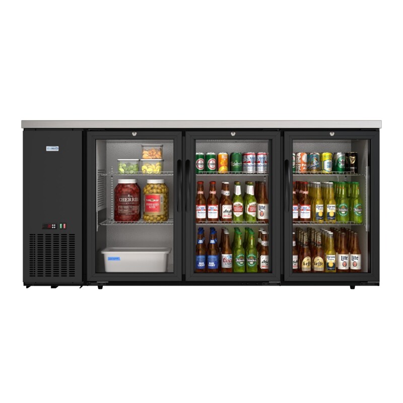 72 in. Commercial Three Glass Door Back Bar Cooler Refrigerator with Side Condenser and Compressor, LED Lighting, 18 Cu. Ft Capacity in Black KMBC3GDSCBK