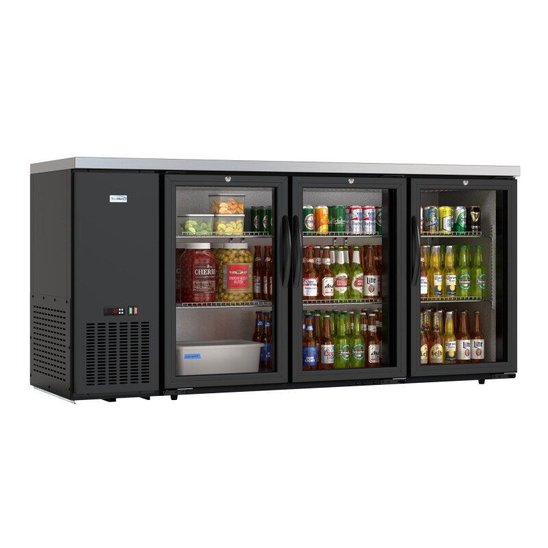72 in. Commercial Three Glass Door Back Bar Cooler Refrigerator with Side Condenser and Compressor, LED Lighting, 18 Cu. Ft Capacity in Black KMBC3GDSCBK, product image 2 of 13