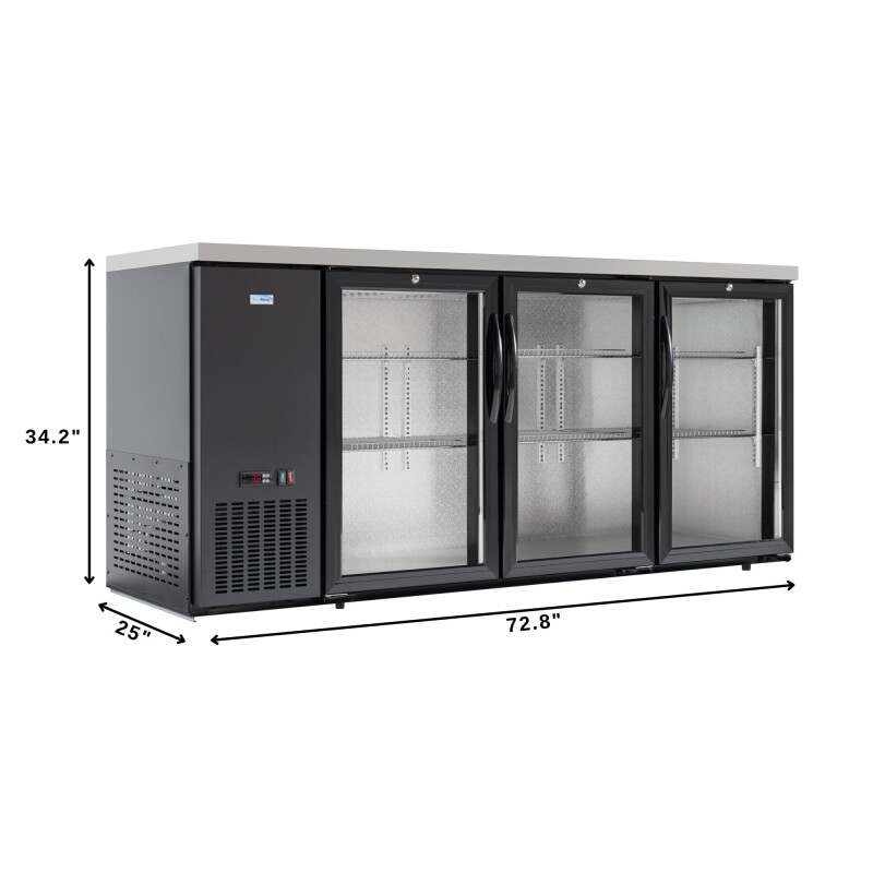 72 in. Commercial Three Glass Door Back Bar Cooler Refrigerator with Side Condenser and Compressor, LED Lighting, 18 Cu. Ft Capacity in Black KMBC3GDSCBK, product image 3 of 13