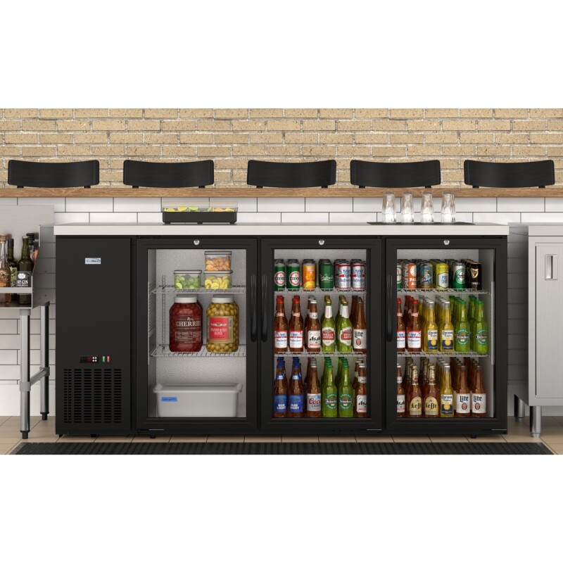 72 in. Commercial Three Glass Door Back Bar Cooler Refrigerator with Side Condenser and Compressor, LED Lighting, 18 Cu. Ft Capacity in Black KMBC3GDSCBK, product image 4 of 13