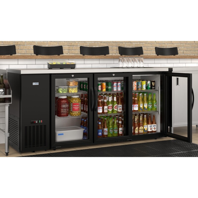 72 in. Commercial Three Glass Door Back Bar Cooler Refrigerator with Side Condenser and Compressor, LED Lighting, 18 Cu. Ft Capacity in Black KMBC3GDSCBK, product image 5 of 13