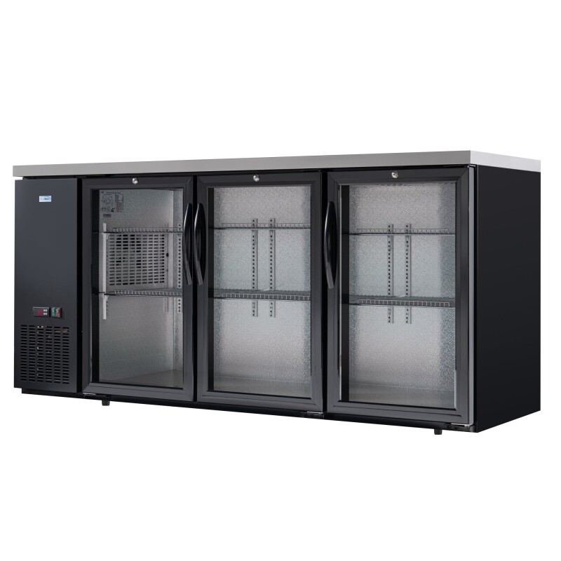 72 in. Commercial Three Glass Door Back Bar Cooler Refrigerator with Side Condenser and Compressor, LED Lighting, 18 Cu. Ft Capacity in Black KMBC3GDSCBK, product image 7 of 13