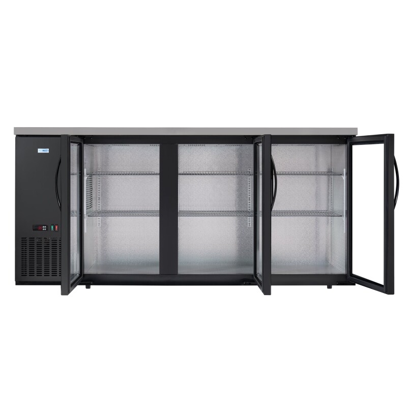 72 in. Commercial Three Glass Door Back Bar Cooler Refrigerator with Side Condenser and Compressor, LED Lighting, 18 Cu. Ft Capacity in Black KMBC3GDSCBK, product image 8 of 13