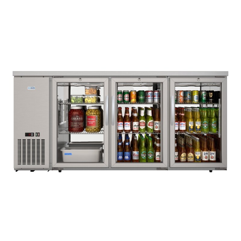 72 in. Commercial Three Glass Door Back Bar Cooler Refrigerator with Side Condenser and Compressor, LED Lighting, 18 Cu. Ft Capacity in Stainless-Steel KMBC3GDSCSS