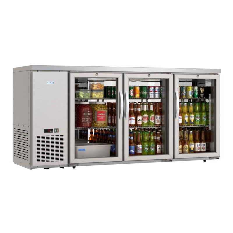 72 in. Commercial Three Glass Door Back Bar Cooler Refrigerator with Side Condenser and Compressor, LED Lighting, 18 Cu. Ft Capacity in Stainless-Steel KMBC3GDSCSS