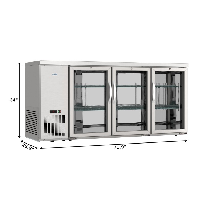 72 in. Commercial Three Glass Door Back Bar Cooler Refrigerator with Side Condenser and Compressor, LED Lighting, 18 Cu. Ft Capacity in Stainless-Steel KMBC3GDSCSS