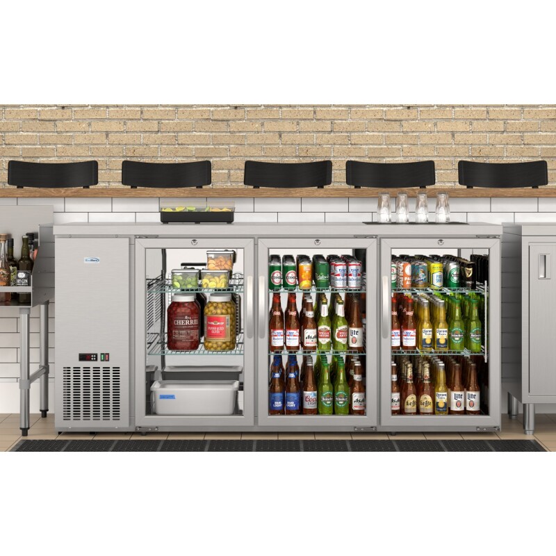 72 in. Commercial Three Glass Door Back Bar Cooler Refrigerator with Side Condenser and Compressor, LED Lighting, 18 Cu. Ft Capacity in Stainless-Steel KMBC3GDSCSS