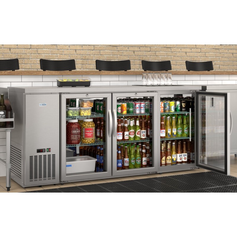 72 in. Commercial Three Glass Door Back Bar Cooler Refrigerator with Side Condenser and Compressor, LED Lighting, 18 Cu. Ft Capacity in Stainless-Steel KMBC3GDSCSS