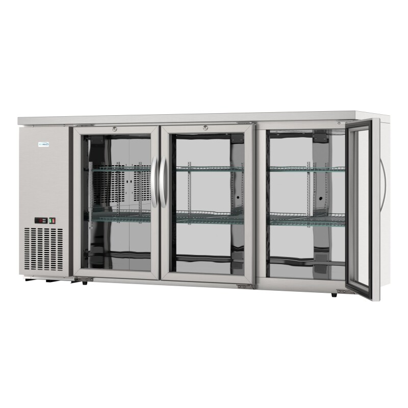 72 in. Commercial Three Glass Door Back Bar Cooler Refrigerator with Side Condenser and Compressor, LED Lighting, 18 Cu. Ft Capacity in Stainless-Steel KMBC3GDSCSS
