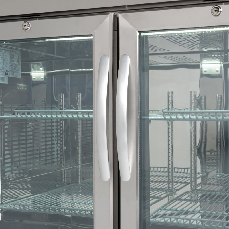 72 in. Commercial Three Glass Door Back Bar Cooler Refrigerator with Side Condenser and Compressor, LED Lighting, 18 Cu. Ft Capacity in Stainless-Steel KMBC3GDSCSS