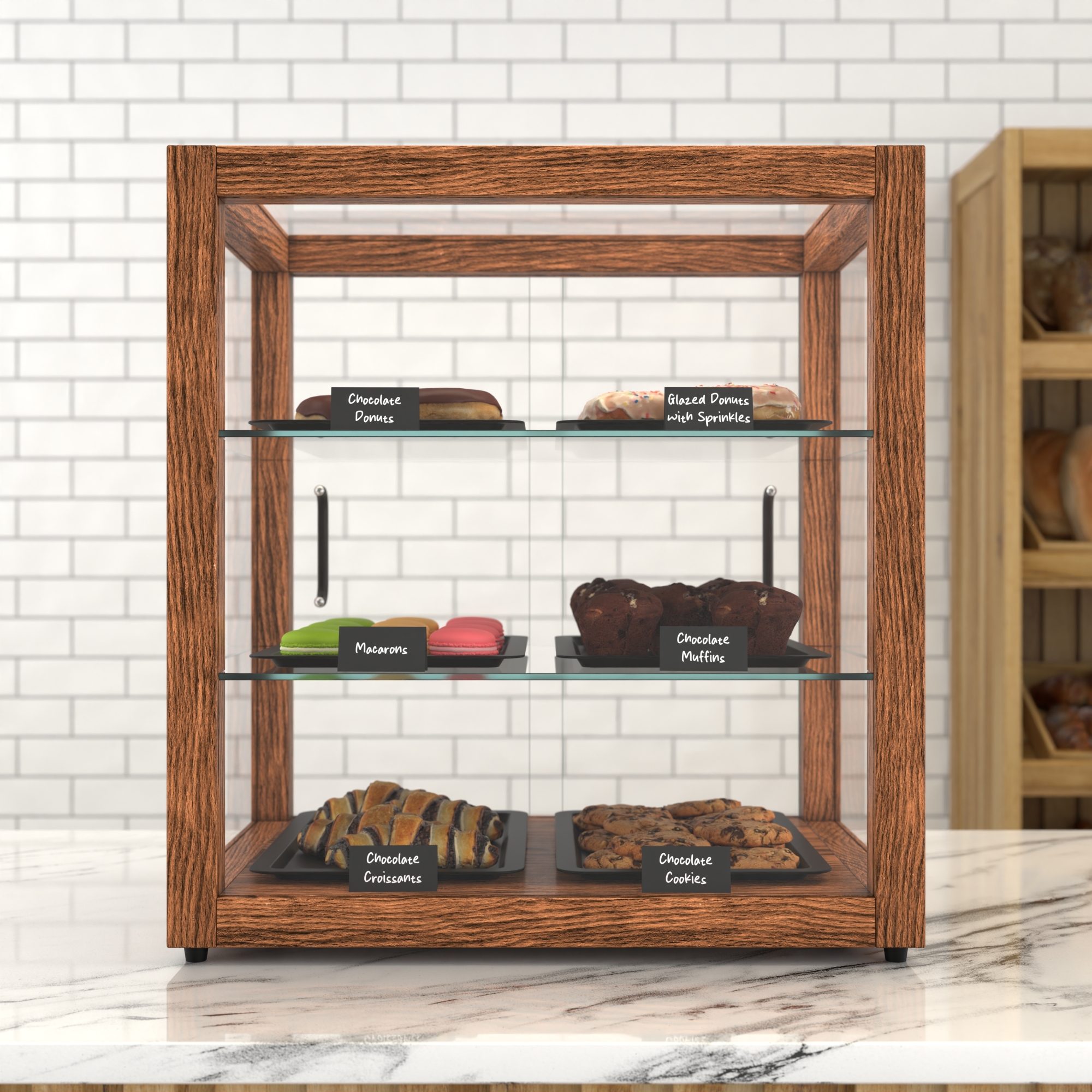 20 in. Artisan Wooden Bakery Square Display Case, 2.5 cu. ft., Dark Wood, 3 Tiers KMBDW20D, product image 3 of 13