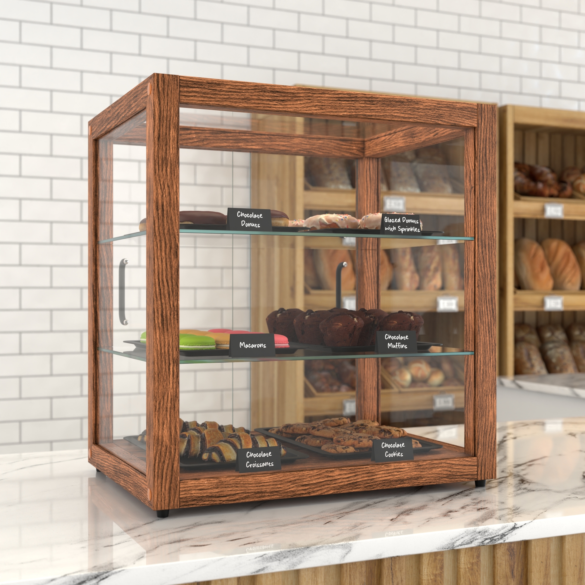 20 in. Artisan Wooden Bakery Square Display Case, 2.5 cu. ft., Dark Wood, 3 Tiers KMBDW20D, product image 4 of 13