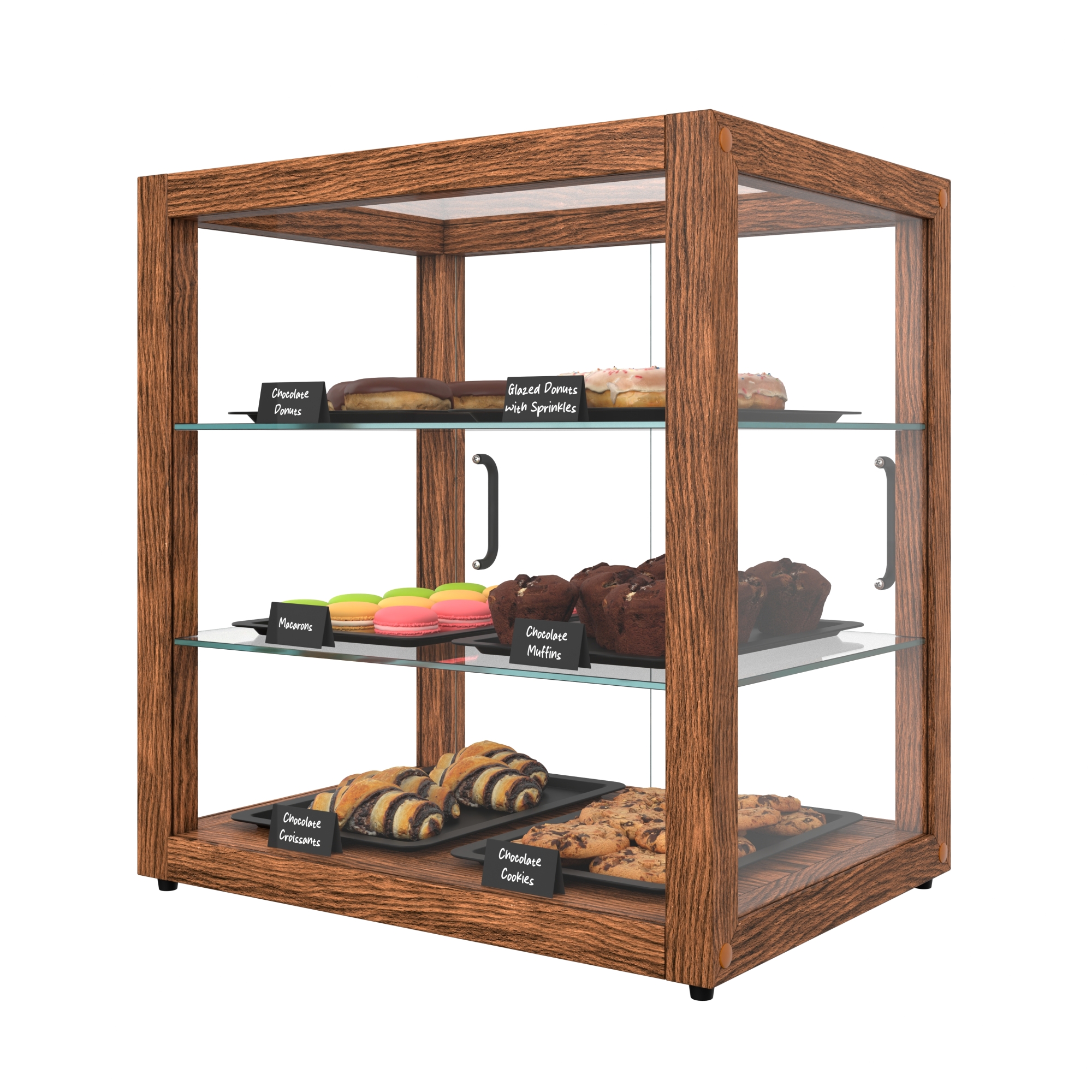 20 in. Artisan Wooden Bakery Square Display Case, 2.5 cu. ft., Dark Wood, 3 Tiers KMBDW20D, product image 6 of 13