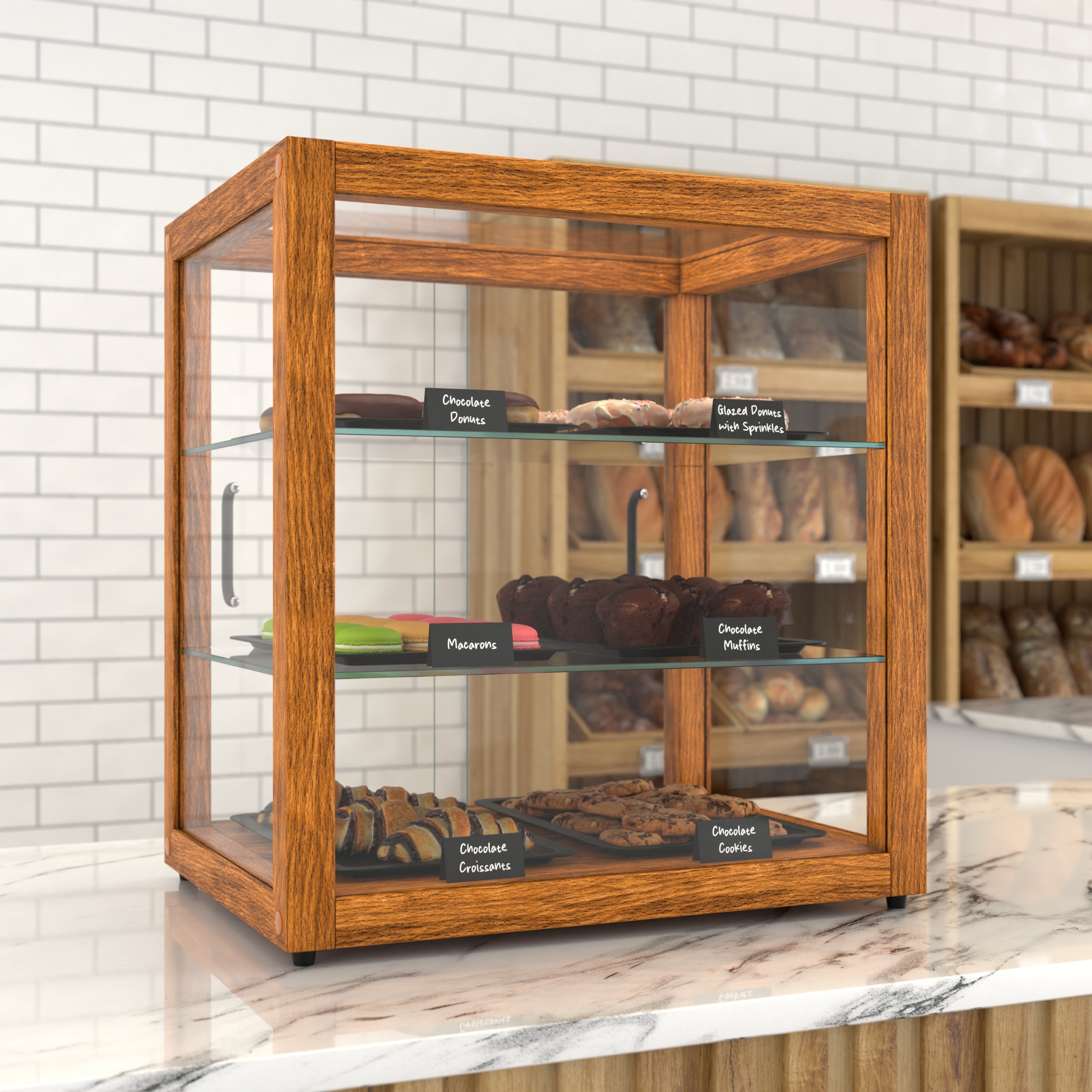 20 in. Artisan Wooden Bakery Square Display Case, 2.5 cu. ft., Light Wood, 3 Tiers KMBDW20L, product image 4 of 13