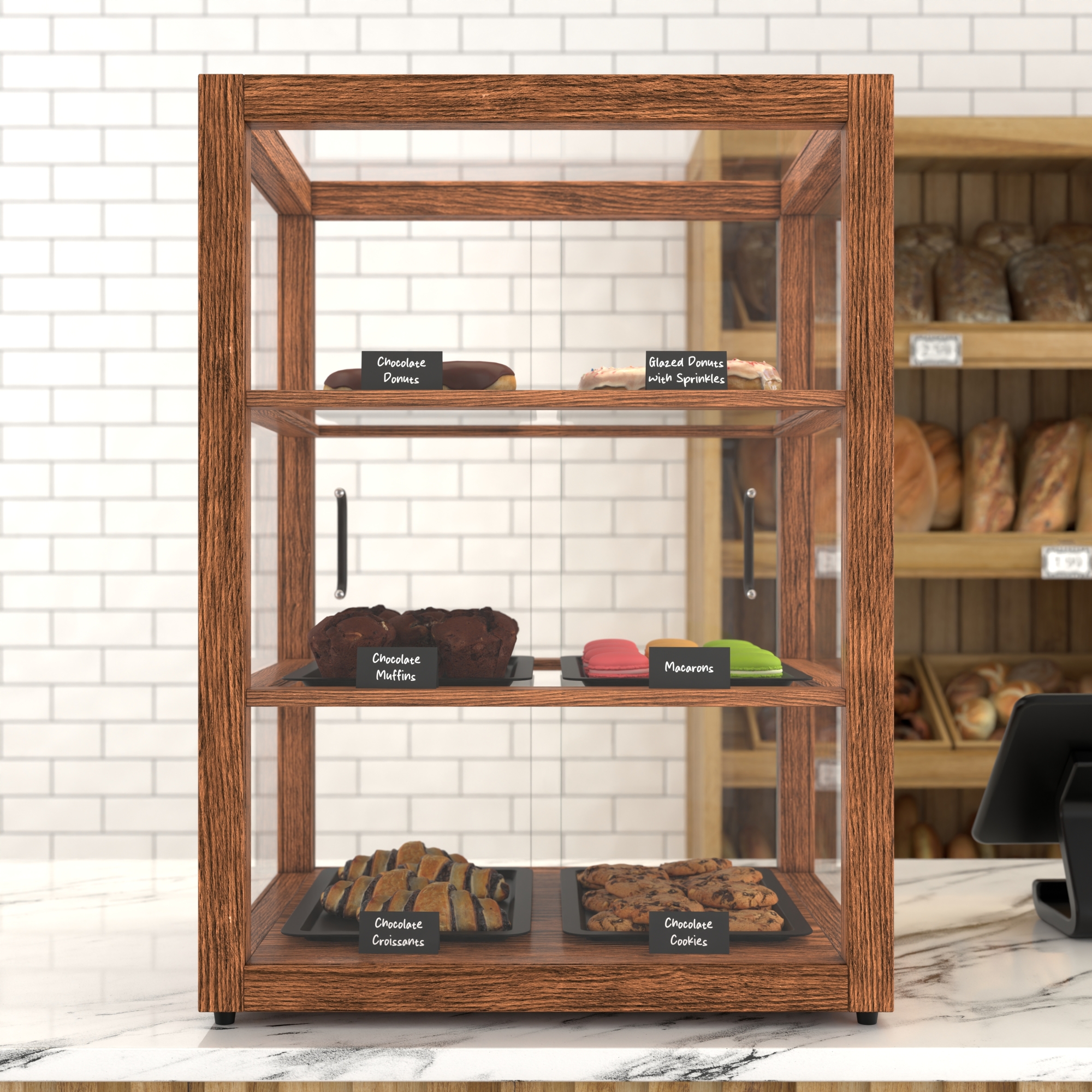 21 in. Artisan Wooden Bakery Display Upright Case, 3.5 cu. ft., Dark Wood KMBDW25D, product image 3 of 13