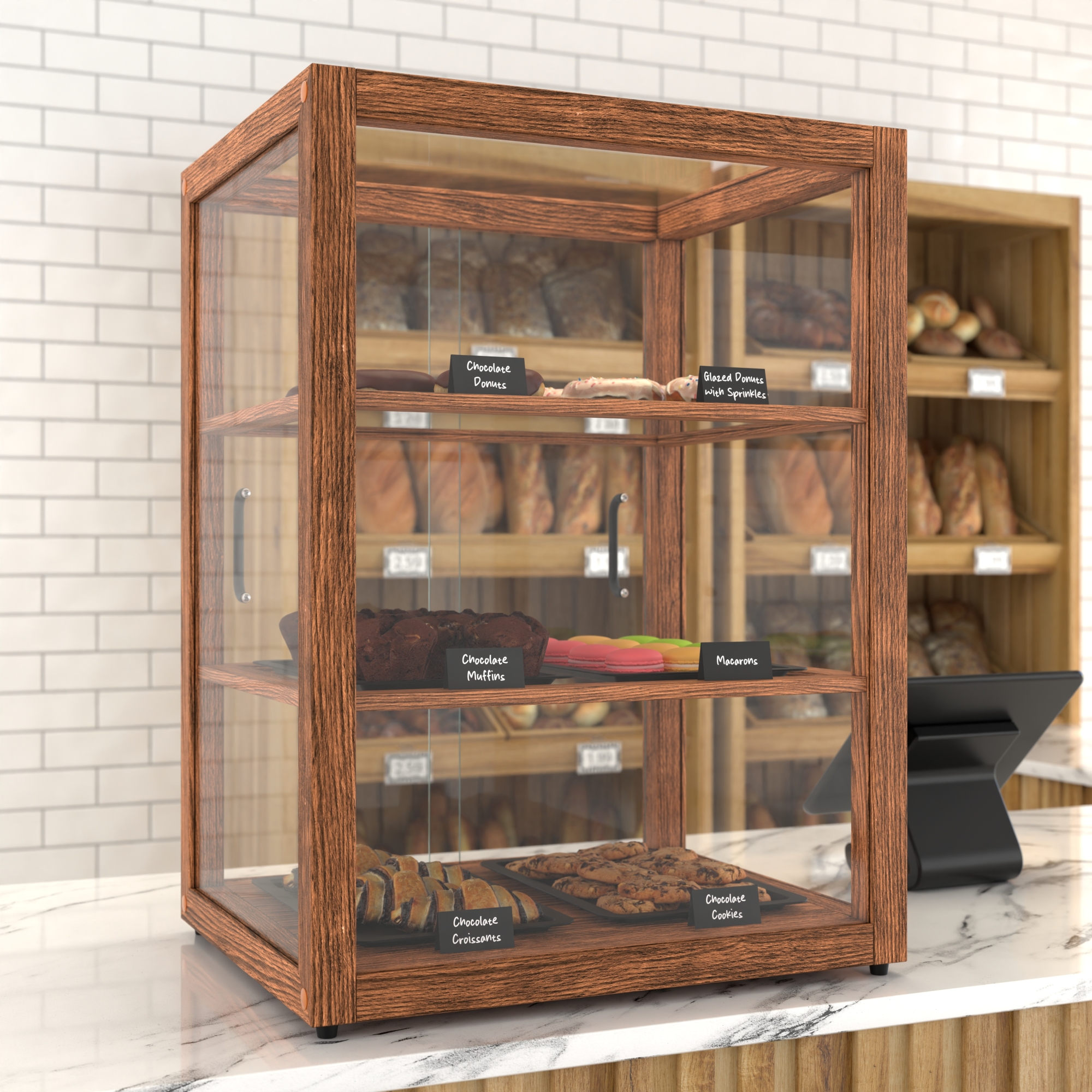 21 in. Artisan Wooden Bakery Display Upright Case, 3.5 cu. ft., Dark Wood KMBDW25D, product image 4 of 13