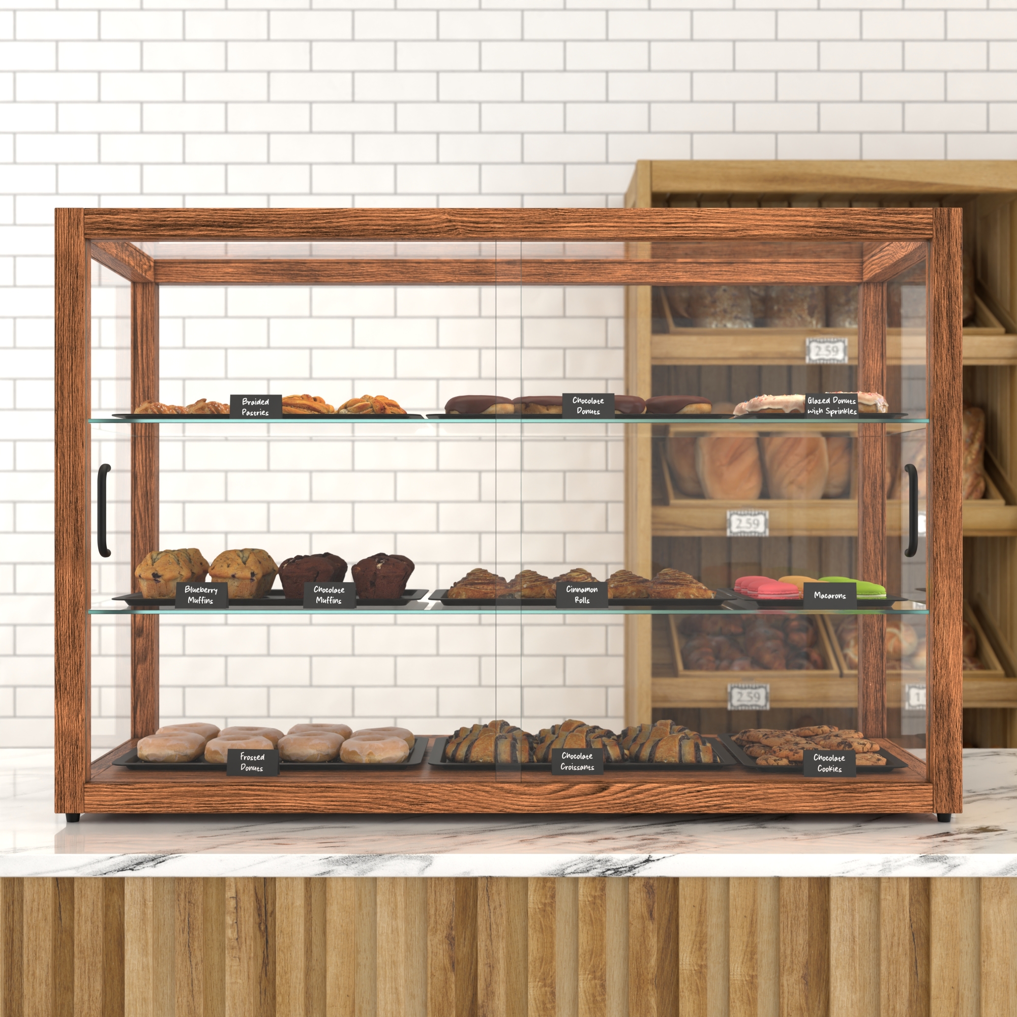 42 in. Artisan Wooden Bakery Display Horizontal Case, 8 cu. ft., Dark Wood KMBDW42D, product image 3 of 13