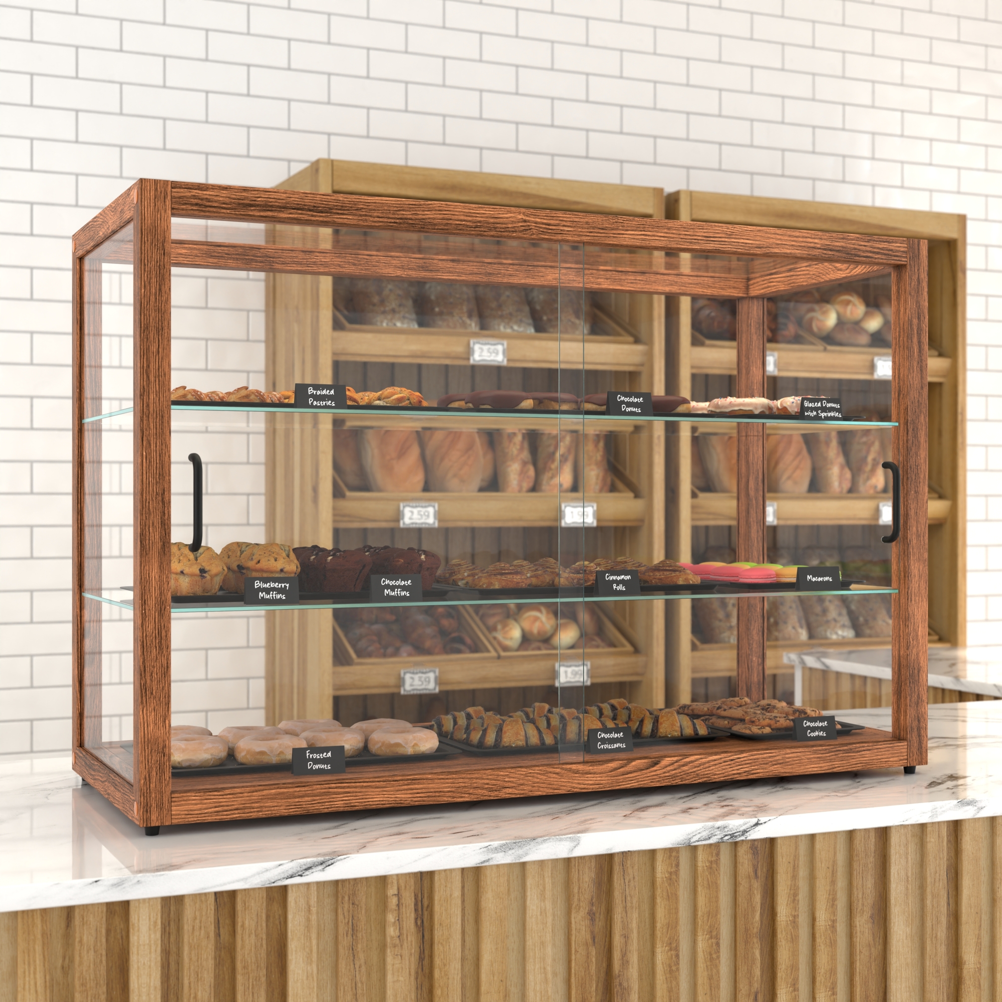 42 in. Artisan Wooden Bakery Display Horizontal Case, 8 cu. ft., Dark Wood KMBDW42D, product image 4 of 13