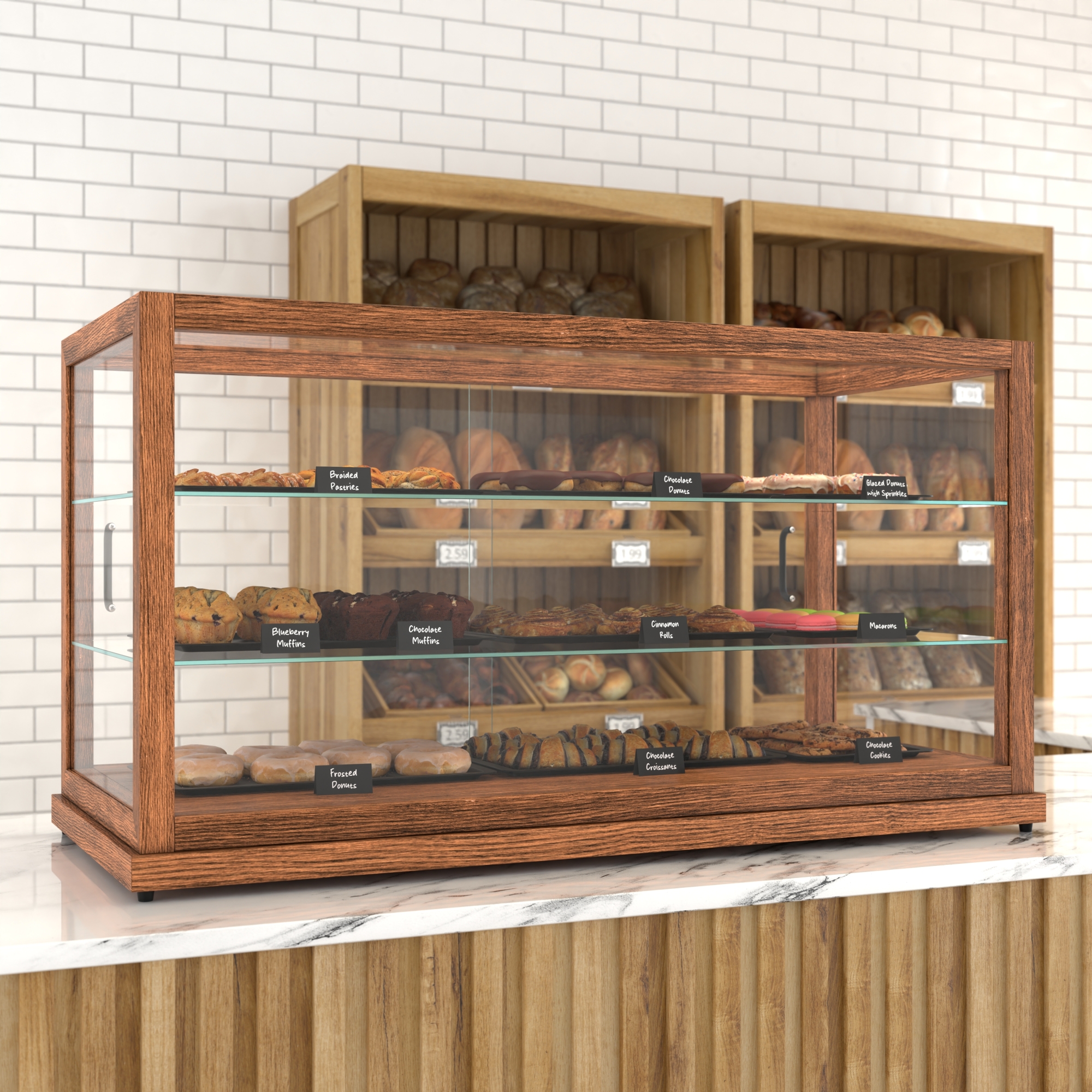 44 in. Artisan Wooden Bakery Display Horizontal Case, 9 cu. ft., Dark Wood KMBDW44D, product image 4 of 13
