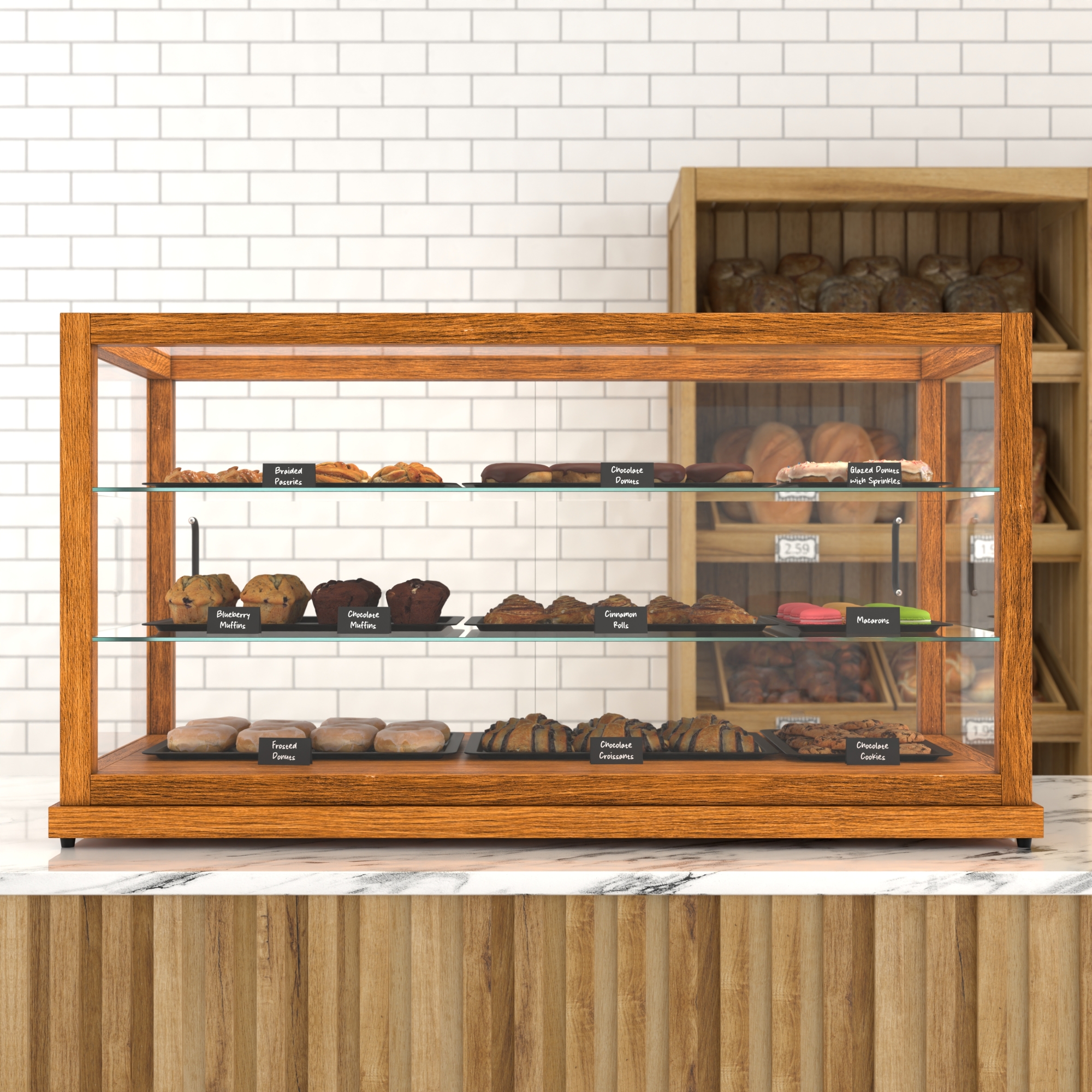 44 in. Artisan Wooden Bakery Display Horizontal Case, 9 cu. ft., Light Wood KMBDW44L, product image 3 of 13