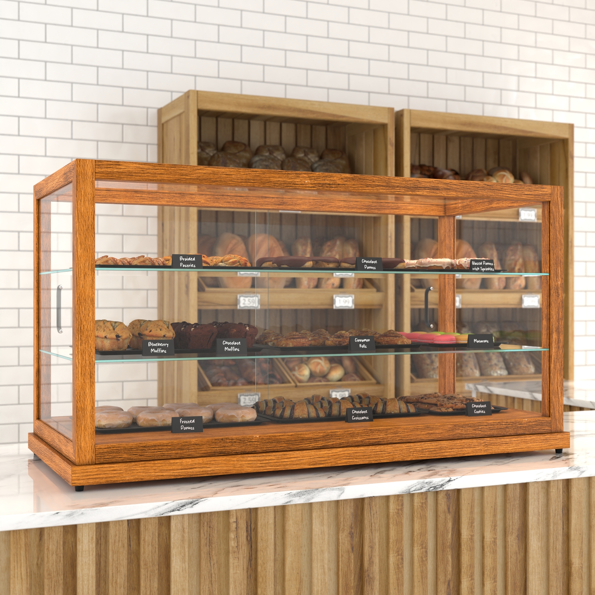 44 in. Artisan Wooden Bakery Display Horizontal Case, 9 cu. ft., Light Wood KMBDW44L, product image 4 of 13