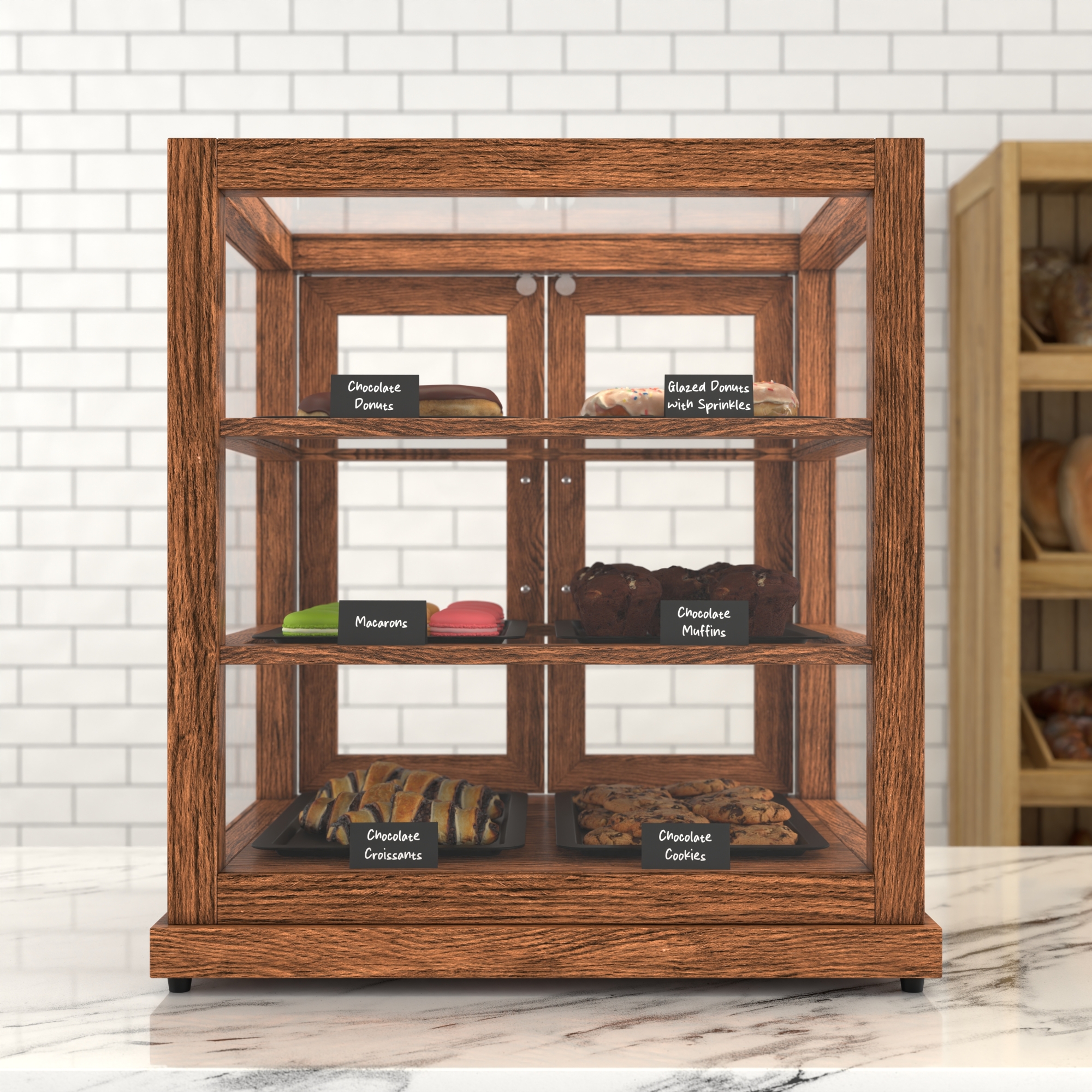 25 in. Artisan Wooden Bakery Display Upright Case, 4 cu. ft., Dark Wood KMBDW4CUD, product image 3 of 13